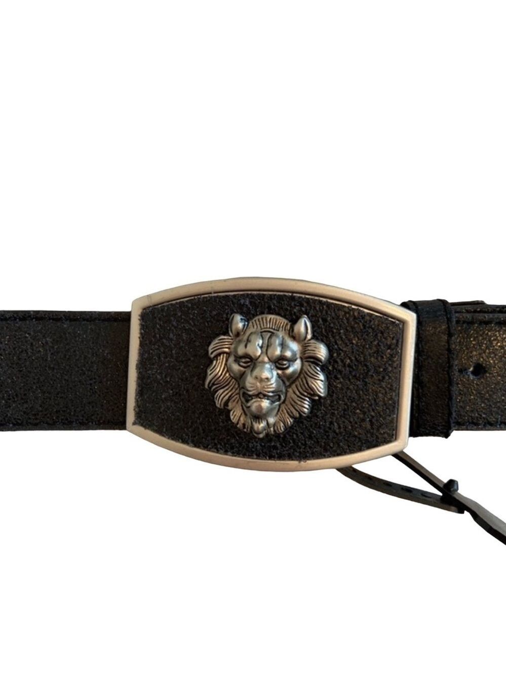 Vintage Lion black belt genuine leather/buckle belt silver black solid NWT Large